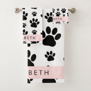 Paw Pattern, Dog Paws, Black and White, Your Name Bath Towel Set