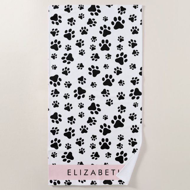 Paw Pattern, Dog Paws, Black and White, Your Name Beach Towel (Front)