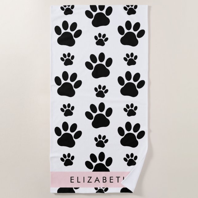 Paw Pattern, Dog Paws, Black and White, Your Name Beach Towel (Front)