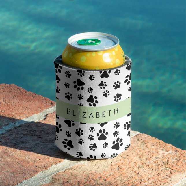 Paw Pattern, Dog Paws, Black and White, Your Name Can Cooler (In Situ Pool)