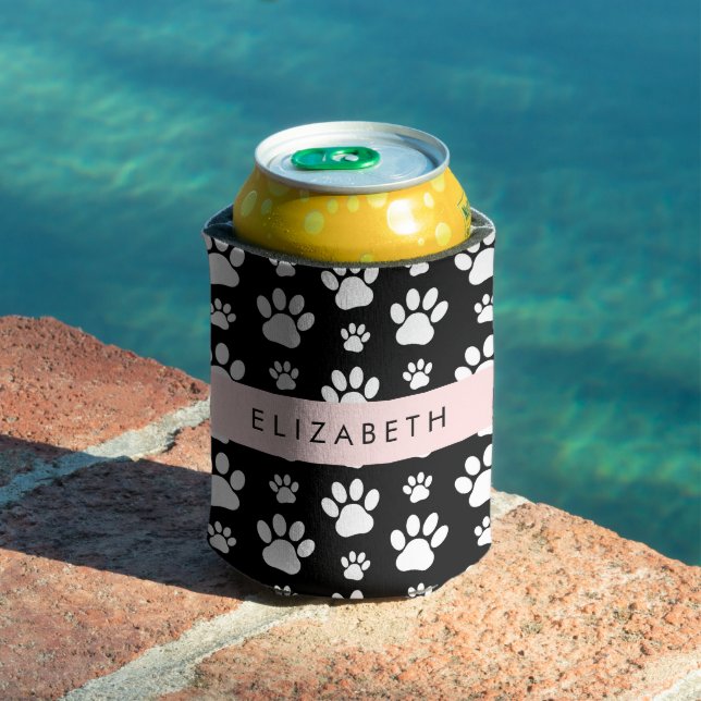 Paw Pattern, Dog Paws, Black and White, Your Name Can Cooler (In Situ Pool)