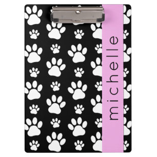 Paw Pattern, Dog Paws, Black and White, Your Name Clipboard