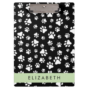 Paw Pattern, Dog Paws, Black and White, Your Name Clipboard
