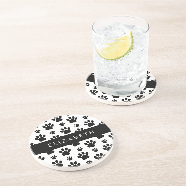 Paw Pattern, Dog Paws, Black and White, Your Name Coaster (Side)