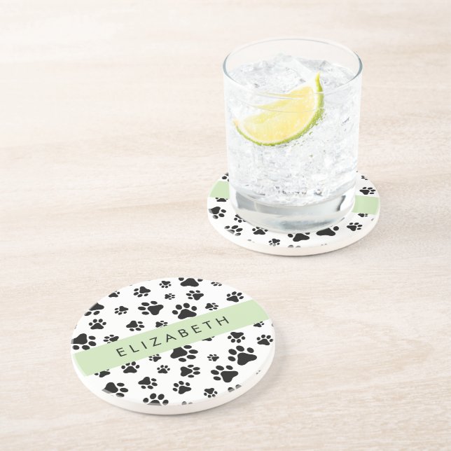 Paw Pattern, Dog Paws, Black and White, Your Name Coaster (Side)