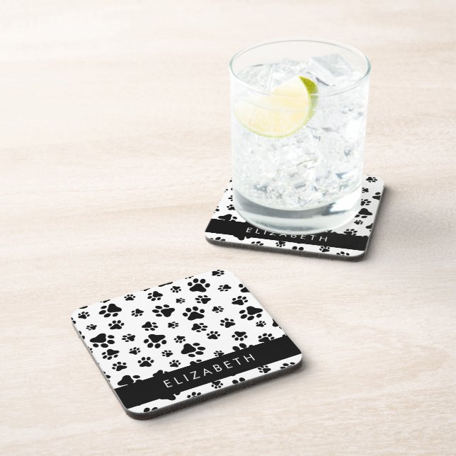 Paw Pattern, Dog Paws, Black and White, Your Name Coaster (Right Side)