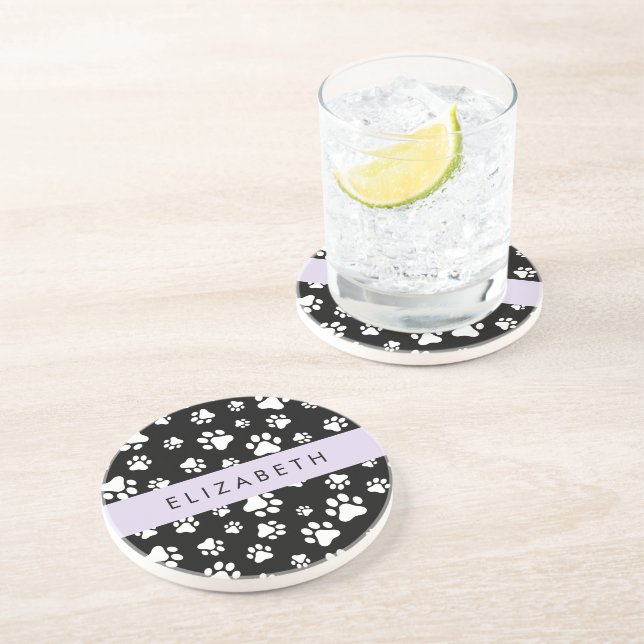 Paw Pattern, Dog Paws, Black and White, Your Name Coaster (Side)