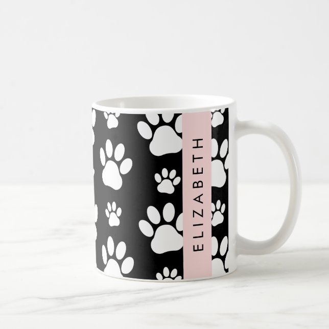 Paw Pattern, Dog Paws, Black and White, Your Name Coffee Mug (Right)
