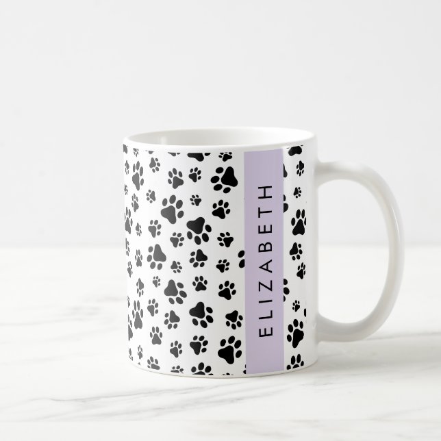 Paw Pattern, Dog Paws, Black and White, Your Name Coffee Mug (Right)