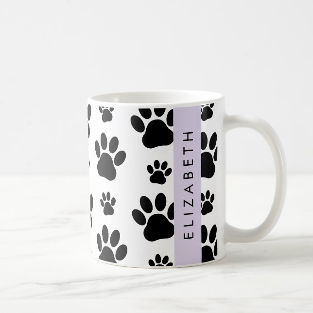 Paw Pattern, Dog Paws, Black and White, Your Name Coffee Mug (Right)