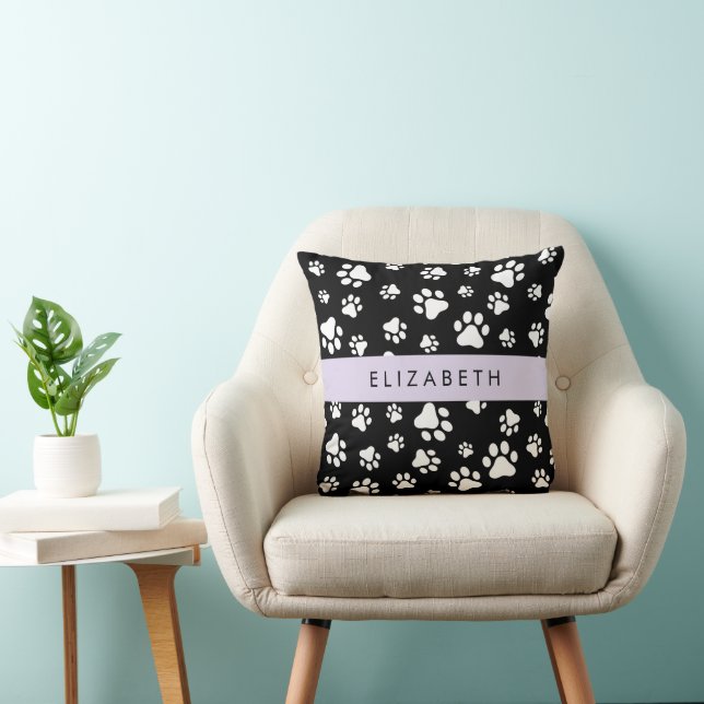 Paw Pattern, Dog Paws, Black and White, Your Name Cushion (Chair)