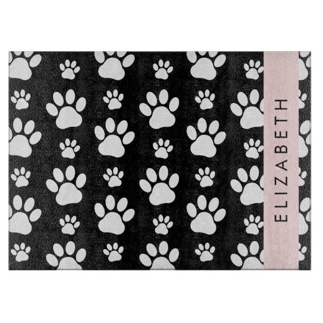Paw Pattern, Dog Paws, Black and White, Your Name Cutting Board (Front)