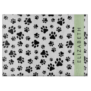 Paw Pattern, Dog Paws, Black and White, Your Name Cutting Board