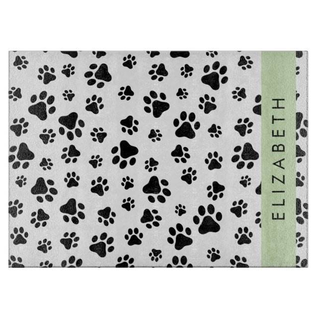 Paw Pattern, Dog Paws, Black and White, Your Name Cutting Board (Front)