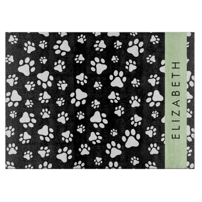 Paw Pattern, Dog Paws, Black and White, Your Name Cutting Board (Front)
