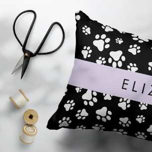 Paw Pattern, Dog Paws, Black and White, Your Name Decorative Cushion