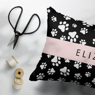 Paw Pattern, Dog Paws, Black and White, Your Name Decorative Cushion