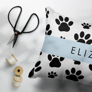 Paw Pattern, Dog Paws, Black and White, Your Name Decorative Cushion