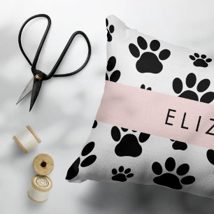 Paw Pattern, Dog Paws, Black and White, Your Name Decorative Cushion