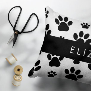 Paw Pattern, Dog Paws, Black and White, Your Name Decorative Cushion