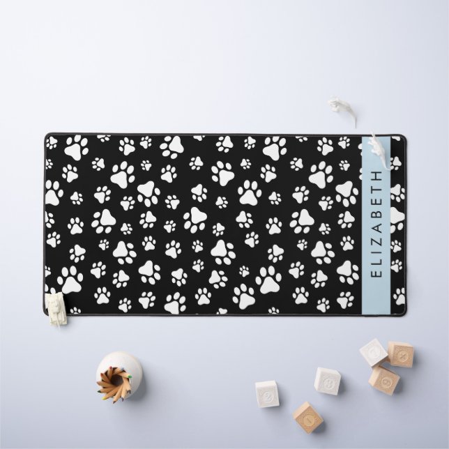 Paw Pattern, Dog Paws, Black and White, Your Name Desk Mat (Kids Table)