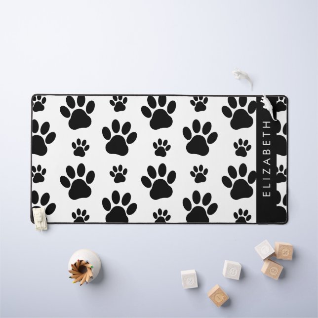Paw Pattern, Dog Paws, Black and White, Your Name Desk Mat (Kids Table)