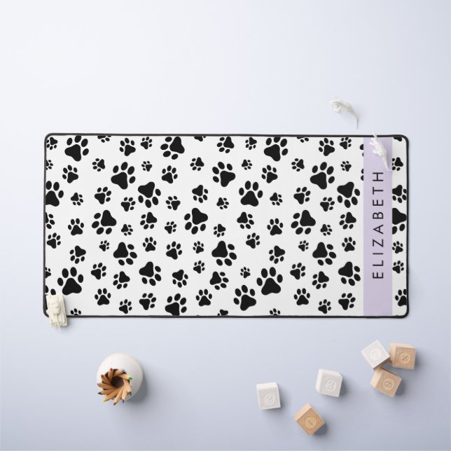 Paw Pattern, Dog Paws, Black and White, Your Name Desk Mat (Kids Table)
