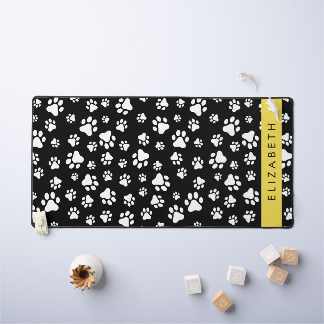 Paw Pattern, Dog Paws, Black and White, Your Name Desk Mat (Kids Table)