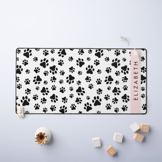 Paw Pattern, Dog Paws, Black and White, Your Name Desk Mat (Kids Table)