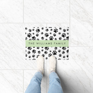 Paw Pattern, Dog Paws, Black and White, Your Name Doormat