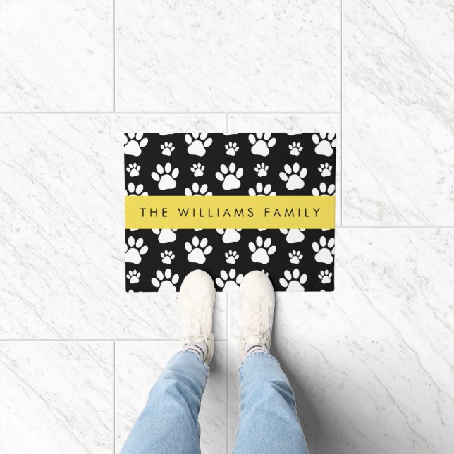 Paw Pattern, Dog Paws, Black and White, Your Name Doormat (Indoor)
