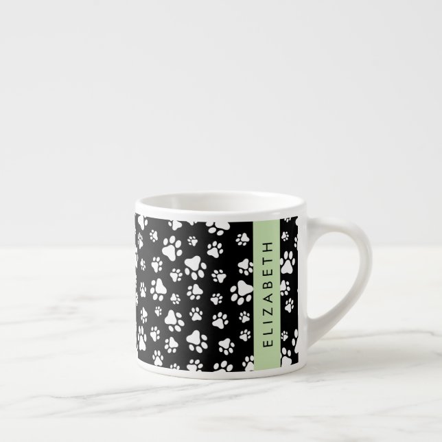 Paw Pattern, Dog Paws, Black and White, Your Name Espresso Cup (Right)