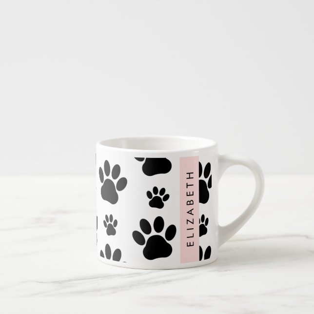 Paw Pattern, Dog Paws, Black and White, Your Name Espresso Cup (Right)
