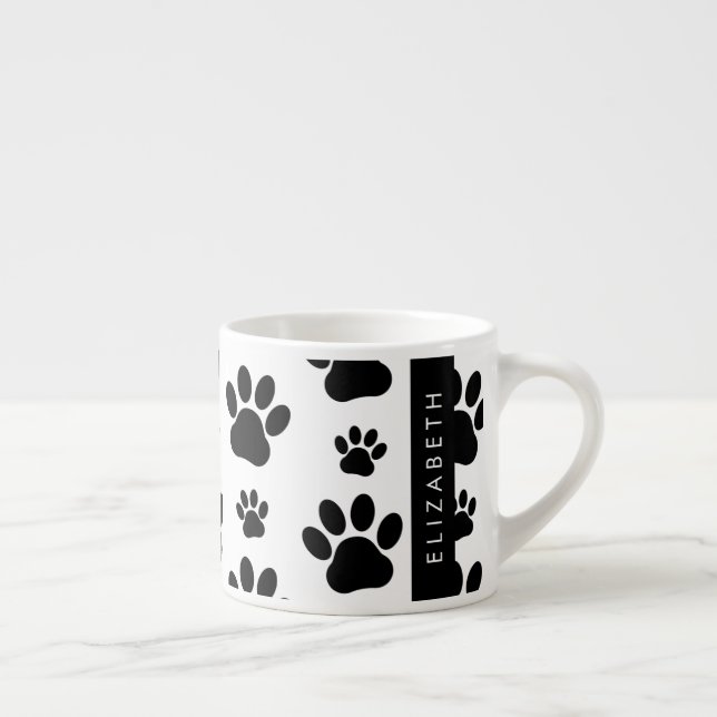 Paw Pattern, Dog Paws, Black and White, Your Name Espresso Cup (Right)