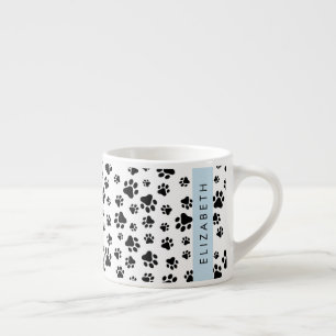 Paw Pattern, Dog Paws, Black and White, Your Name Espresso Cup