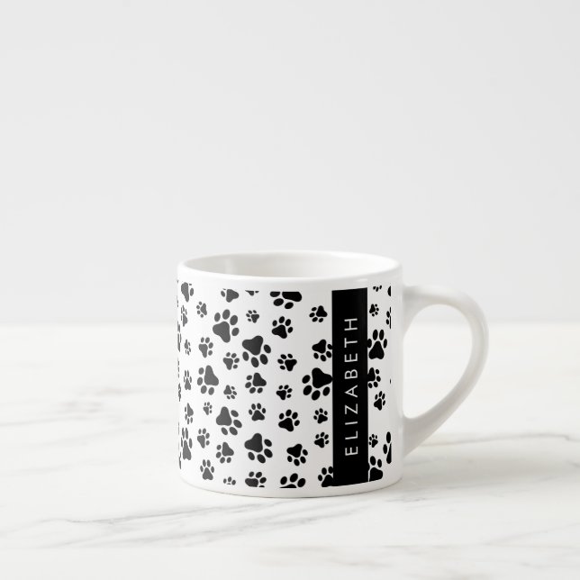 Paw Pattern, Dog Paws, Black and White, Your Name Espresso Cup (Right)
