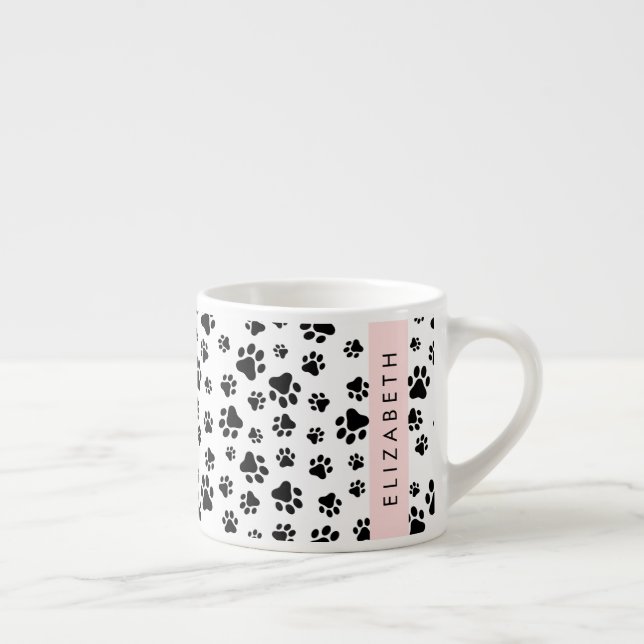 Paw Pattern, Dog Paws, Black and White, Your Name Espresso Cup (Right)
