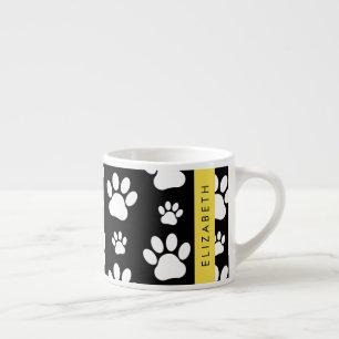 Paw Pattern, Dog Paws, Black and White, Your Name Espresso Cup