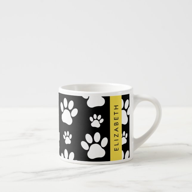 Paw Pattern, Dog Paws, Black and White, Your Name Espresso Cup (Right)