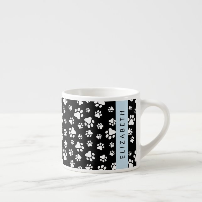 Paw Pattern, Dog Paws, Black and White, Your Name Espresso Cup (Right)