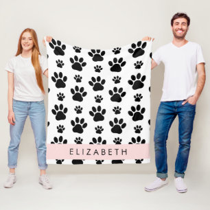 Paw Pattern, Dog Paws, Black and White, Your Name Fleece Blanket