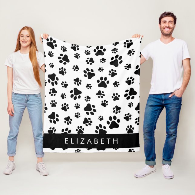 Paw Pattern, Dog Paws, Black and White, Your Name Fleece Blanket (In Situ)
