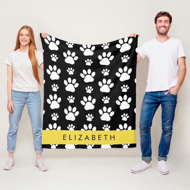 Paw Pattern, Dog Paws, Black and White, Your Name Fleece Blanket (In Situ)