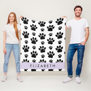 Paw Pattern, Dog Paws, Black and White, Your Name Fleece Blanket