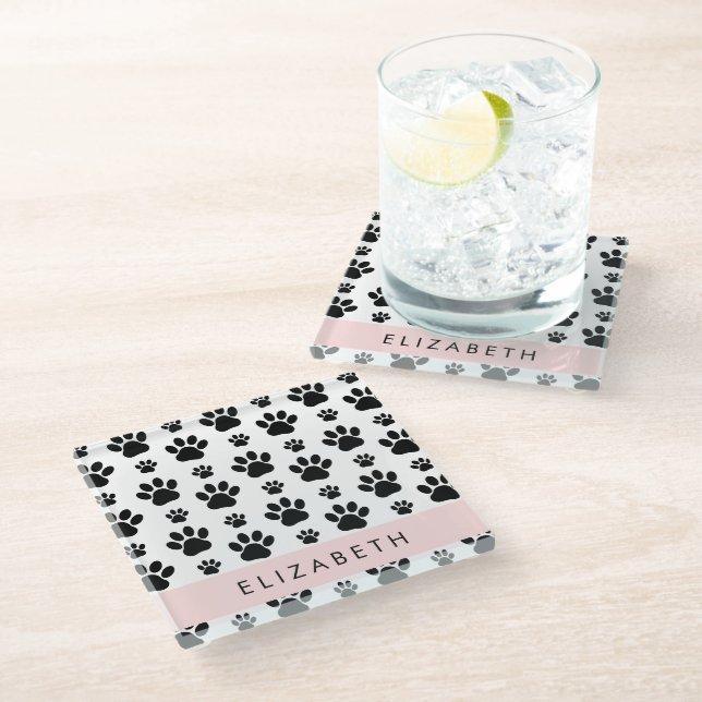 Paw Pattern, Dog Paws, Black and White, Your Name Glass Coaster (Angled)