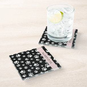 Paw Pattern, Dog Paws, Black and White, Your Name Glass Coaster