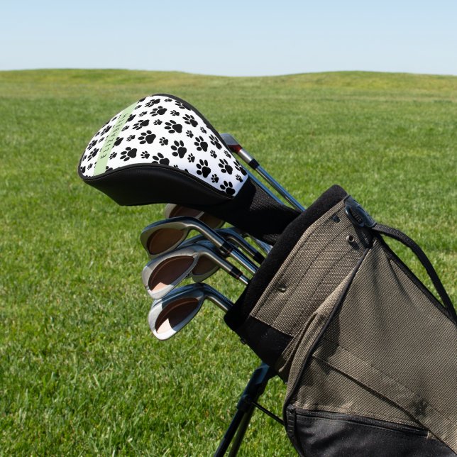 Paw Pattern, Dog Paws, Black and White, Your Name Golf Head Cover (In Situ)