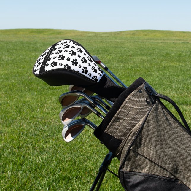 Paw Pattern, Dog Paws, Black and White, Your Name Golf Head Cover (In Situ)