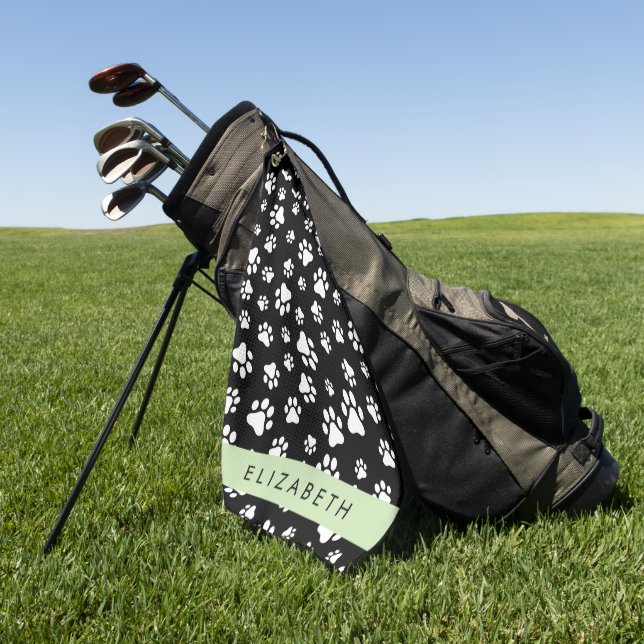 Paw Pattern, Dog Paws, Black and White, Your Name Golf Towel (Green)