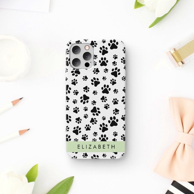 Paw Pattern, Dog Paws, Black and White, Your Name iPhone 16 Case (Creator Uploaded)